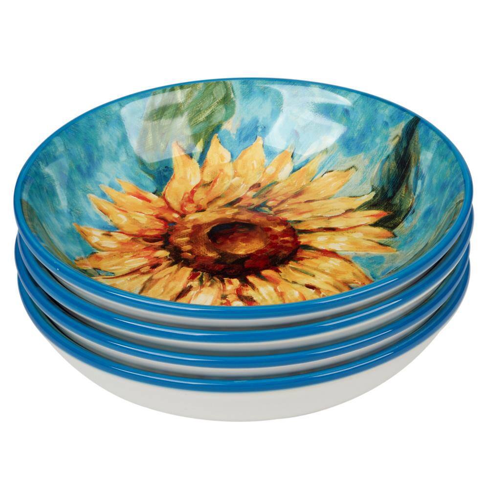 Golden Sunflower Blue Ceramic Soup and Salad Bowls Set