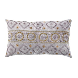 Purple and Mustard Embroidered Geometric Cotton 24 in. x 14 in. Throw Pillow