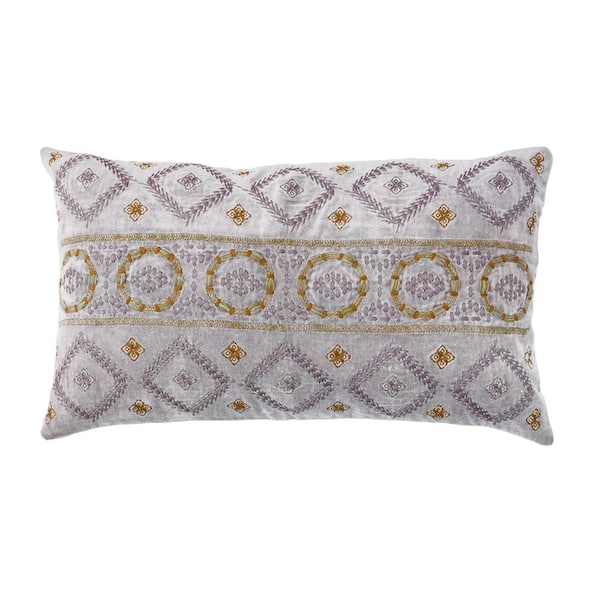 Storied Home Purple and Mustard Embroidered Geometric Cotton 24 in. x 14 in. Throw Pillow