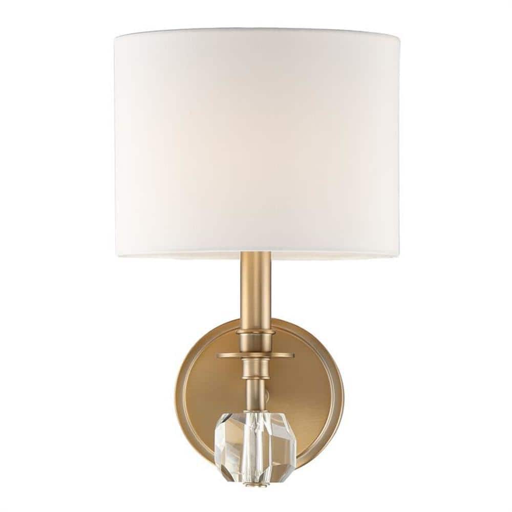 Aged Brass Sconce with White Silk Shade and Crystal Accent
