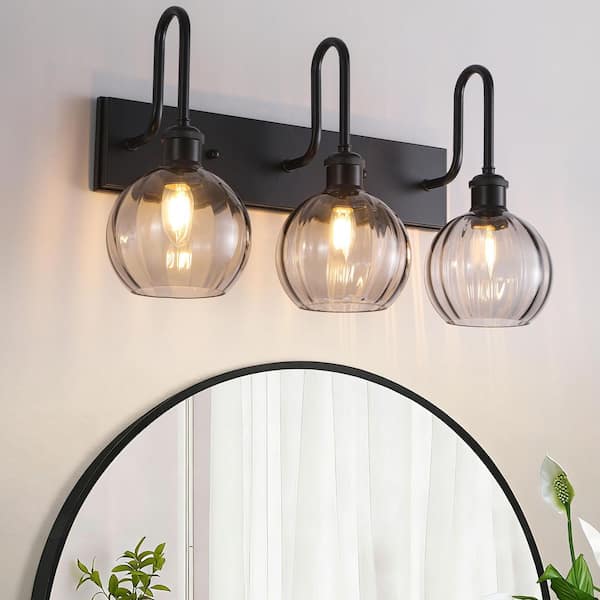 21.7 in. 3-light Matte Black Modern Vanity Light with Ribbed Glass Shade