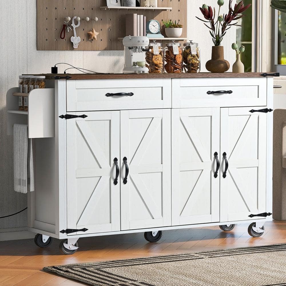 Staykiwi White MDF Kitchen Cart with 4 Door Spice Rack, Drop
