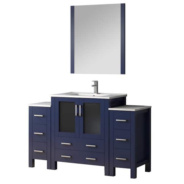 Volez 54" W x 18.25" D Navy Blue Single Bath Vanity with Side Cabinets, White Ceramic Top, Faucet Set, and 28 in Mirror