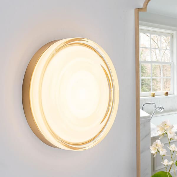 9. 65in. 1-Light Gold Led Dimple Flush Mounted Wall Sconce with Glass Shade
