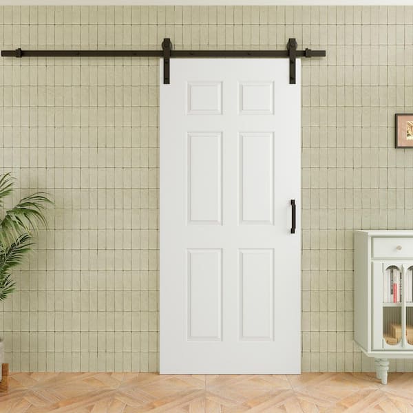 36 in. x 80 in. 6 Panel White Primed Solid Core MDF No Assembly Required Sliding Barn Door with Hardware Kit