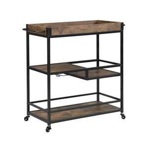 31.5 in. W Black Frame Serving Cart with Lockable Wheels, 3-Tier Wine Cart with Removable Brown Tray and Glass Holders
