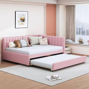 Pink Full Size Linen Upholstered Wood Daybed with Trundle