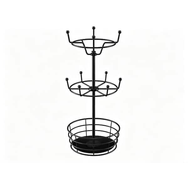Rotatable Metal Coffee Mug Rack, 3-Tier Black Mug Tree with 10 Hooks Cup Pods abd Saucer Basket