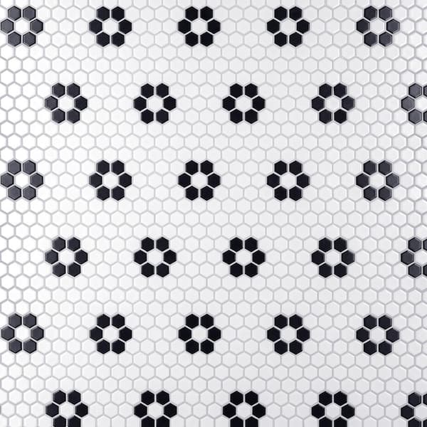 Merola Tile Metro Hex Matte White w/ Flower 10-1/4 in. x 11-7/8 in. Porcelain Mosaic Tile (8.6 sq. ft./Case)