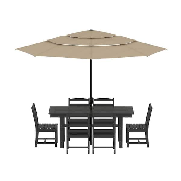 8-Piece Black HDPE Plastic Patio Outdoor Dining Set with 1-Rectangular Dining Table, 6 HDPE Chairs and Umbrella