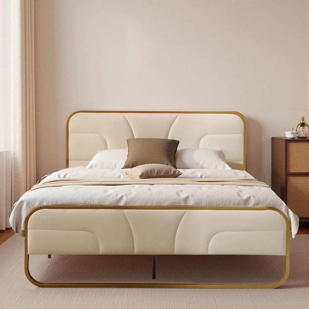 Ahokua Cream White Frame King Size Soft Velvet Platform Bed Ahokua Cream White Frame King Size Soft Velvet Platform Bed