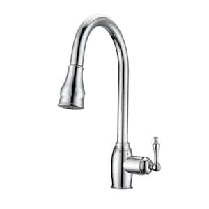 Bay Single Handle Deck Mount Gooseneck Pull Down Spray Kitchen Faucet with Metal Lever Handle 1 in Polished Chrome