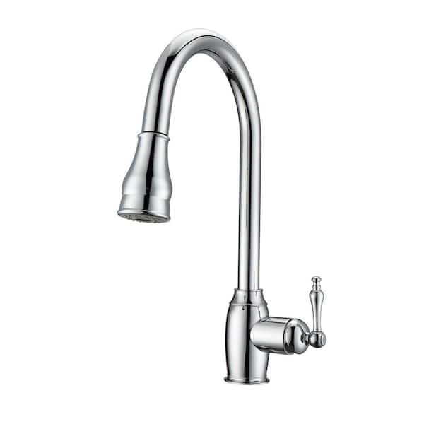 Barclay Products Bay Single Handle Deck Mount Gooseneck Pull Down Spray Kitchen Faucet with Metal Lever Handle 1 in Polished Chrome