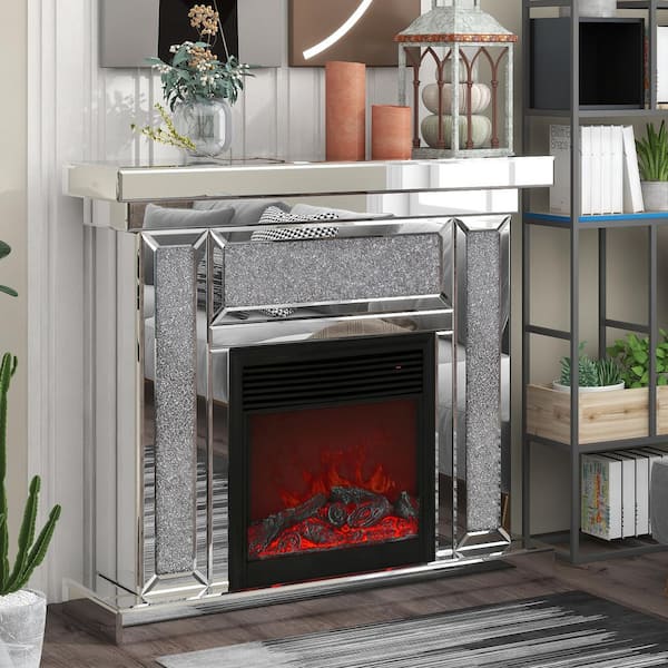 47 in. Freestanding Acrylic Diamond Mirror Electric Fireplace, 1500 -Watt Heating Furnace in Silver