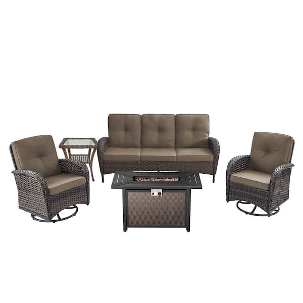 Brown 5-Piece Wicker Outdoor Glider Chair Patio Deep Seating with Rectangular Fire Table