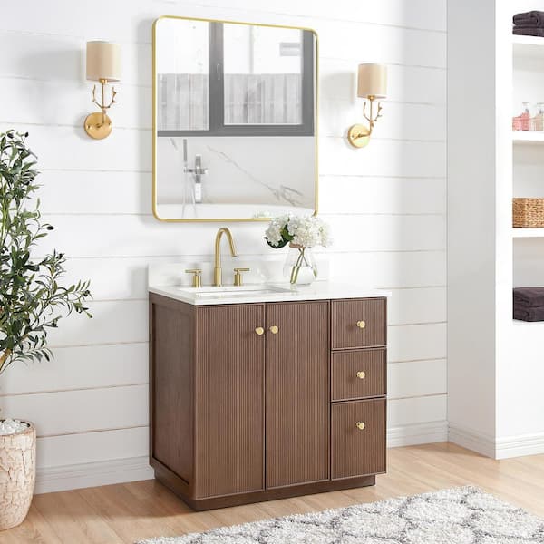 Oza 36 in. W x 22 in. D x 33.9 in. H Single Sink Bath Vanity in Dark Brown with White Quartz Stone Top and Mirror