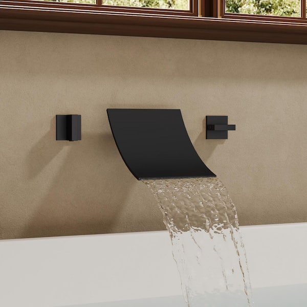 Wide Waterfall Double Handle 6 in. Wall-Mounted 1-Spray Tub and Shower Faucet 6.6 GPM in. Matte Black Valve Included