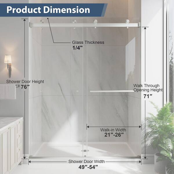 KPUY 49-54 in. W x 76 in. H Double Sliding Frameless Shower Door