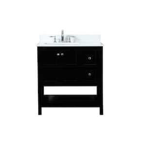 32 in. W Single Bath Vanity in Black with Engineered Stone Vanity Top in Calacatta with White Basin with Backsplash