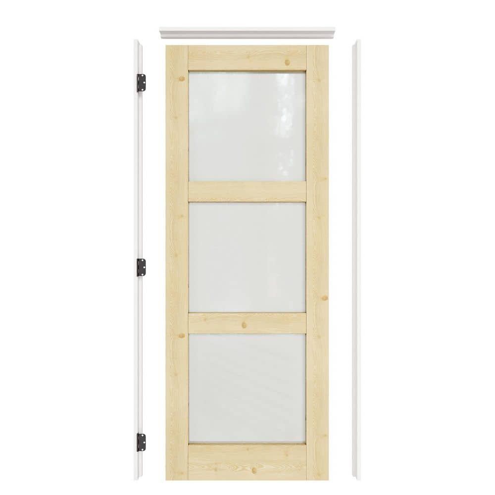 28 in. x 80 in. 3-Lite Frosted Glass Right Solid Core Pine Glass Single Prehung Interior Door with Quick Assemble Jamb price history on PriceWatchPro