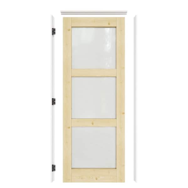 28 in. x 80 in. 3-Lite Frosted Glass Right Solid Core Pine Glass Single Prehung Interior Door with Quick Assemble Jamb