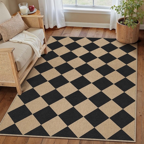 Diamond Grid Linen-look Black/Brown 3 ft. x 5 ft. Checkered Area Rug