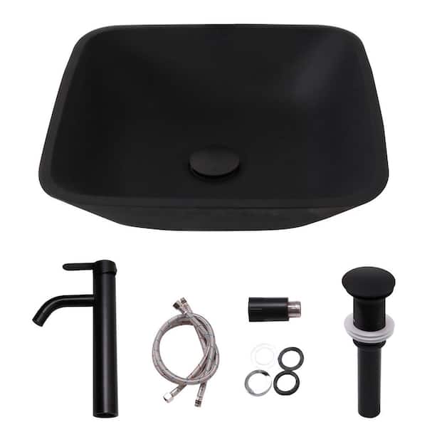 LORDEAR 16 in. Matte Black Above Counter Square Bathroom Glass Vessel Sink with Faucet