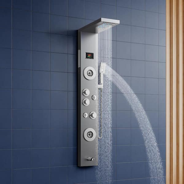 55 in. 6-Jet LED Shower Panel System with Rainfall Waterfall Shower Head Hand Shower and Massage Head in Brushed Nickel