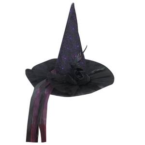 Owen Black/Purple Witch Hat with Velvet Rose with Sequin