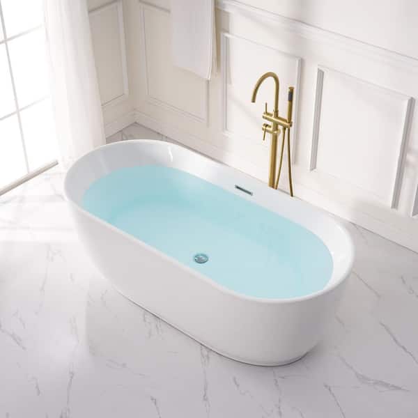 WELLFOR Lyra 67 in. x 31.5 in. Soaking Bathtub with Center Drain in Glossy White Freestanding Oval Pure Virgin Acrylic Bathtub