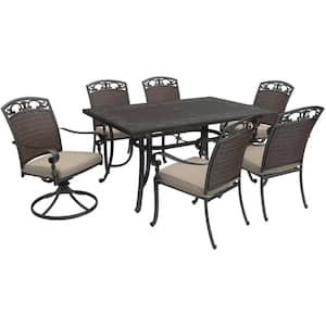Wilshire Heights 7-Piece Cast and Woven Back All Aluminum Outdoor Dining Set with Acrylic Cushions in Sand Dune