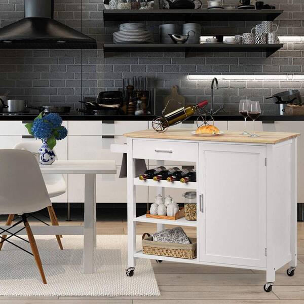 Bunpeony White Rolling Kitchen Cart with Towel Rack and Wood Table Top ...