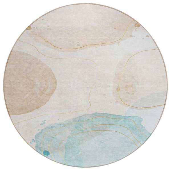 HomeRoots Beige and Blue 8 ft. Round Woven Abstract Round Indoor/Outdoor Area Rug
