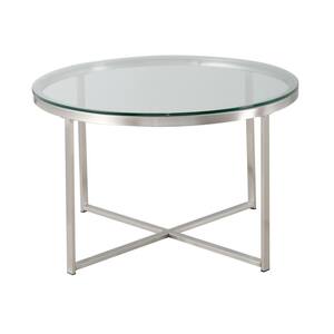 32 in. Modern X-Base Round Coffee Table with Clear Temper Glass and Brushed Silver Stainless Steel Legs