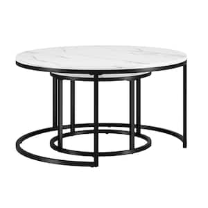 Watson 35 in. Round Nested Blackened Bronze Round Coffee Table with Faux Marble Top