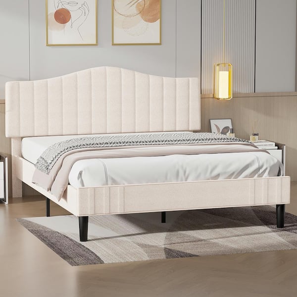 VECELO Upholstered Bed Frame Queen with Sheepskin Fabric Adjustable Headboard Platform Bed, Beige