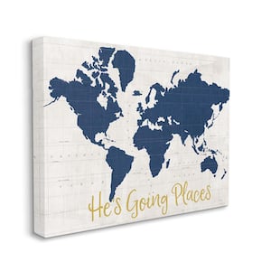 "He's Going Places Phrase Blue World Map" by Sue Schlabach Unframed Travel Canvas Wall Art Print 16 in. x 20 in.