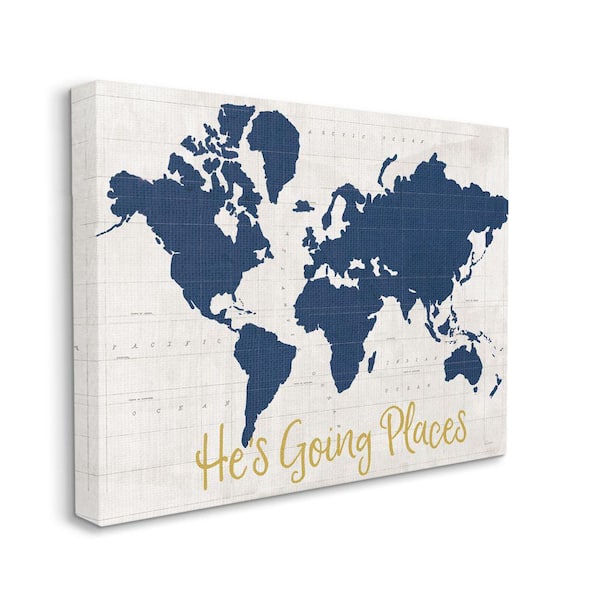 Stupell Industries "He's Going Places Phrase Blue World Map" by Sue Schlabach Unframed Travel Canvas Wall Art Print 24 in. x 30 in.