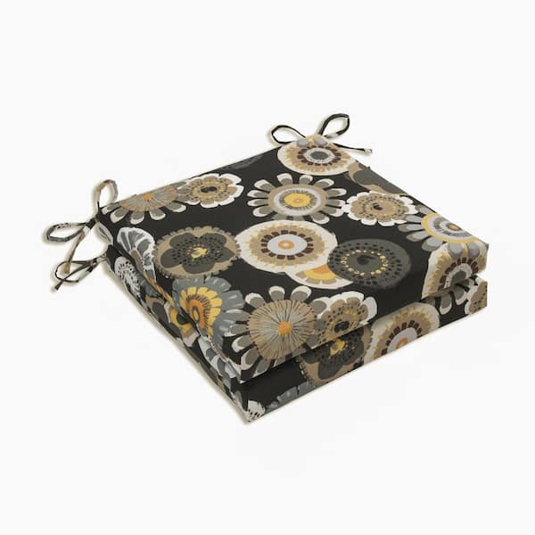 Pillow Perfect Floral 20 in. x 20 in. Outdoor Dining Chair Cushion in Black/Yellow (Set of 2)