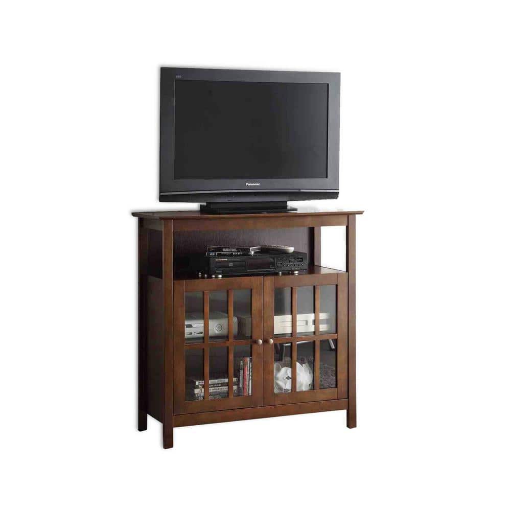 Espresso Solid Pine and Birch Veneer Highboy TV Stand with Cabinets
