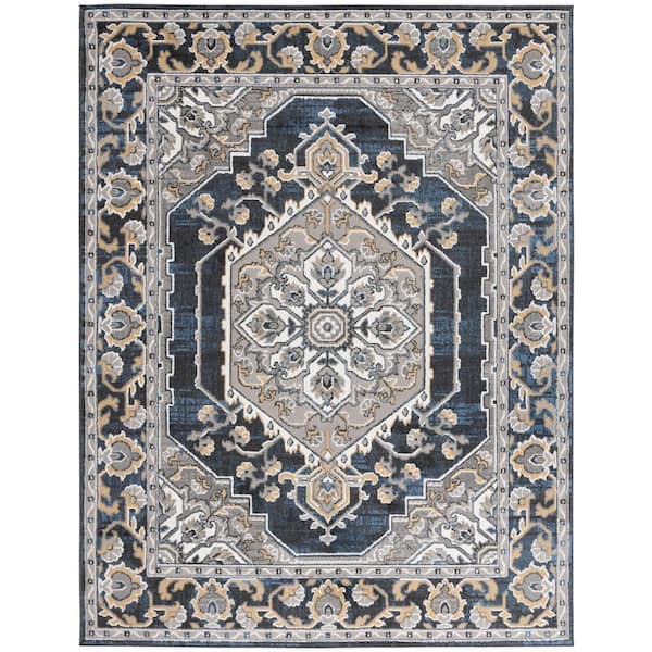 Pyramid 9 ft. x 12 ft. Gray/Navy Gold Ornate Medallion Border Area Rug