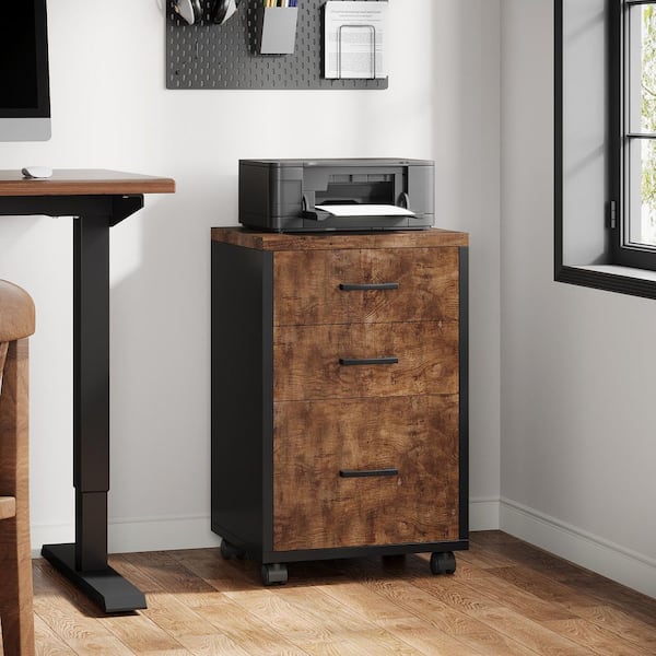 Atencio 3-Drawer Brown Wood 16 in. W Vertical File Cabinet Office Filing Cabinet Rolling Printer Stand (Brown)