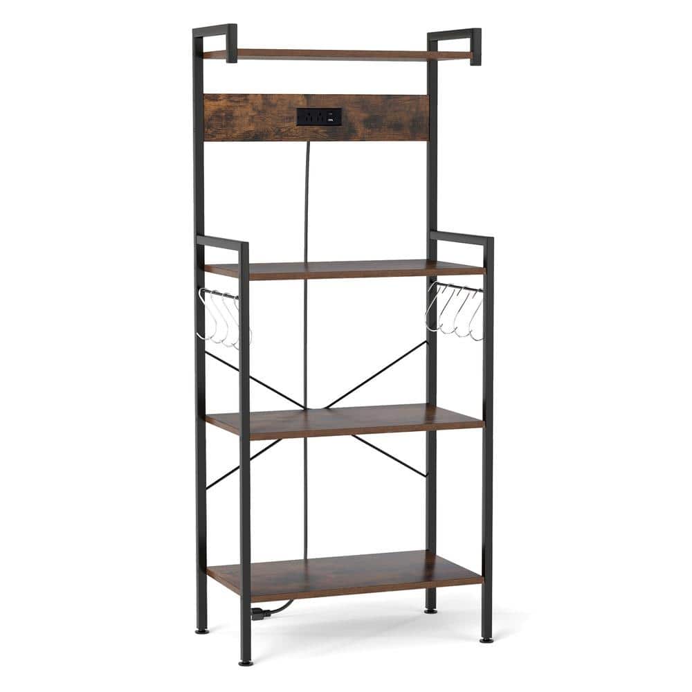 4-Tier Kitchen Pantry Organizer with Power Outlet and 8 Hooks, Storage Shelving Unit – Rustic Brown