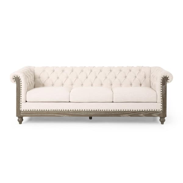 Noble House Doney 85.5 in. Beige and Dark Brown Polyester 3-Seats Tufted Sofa