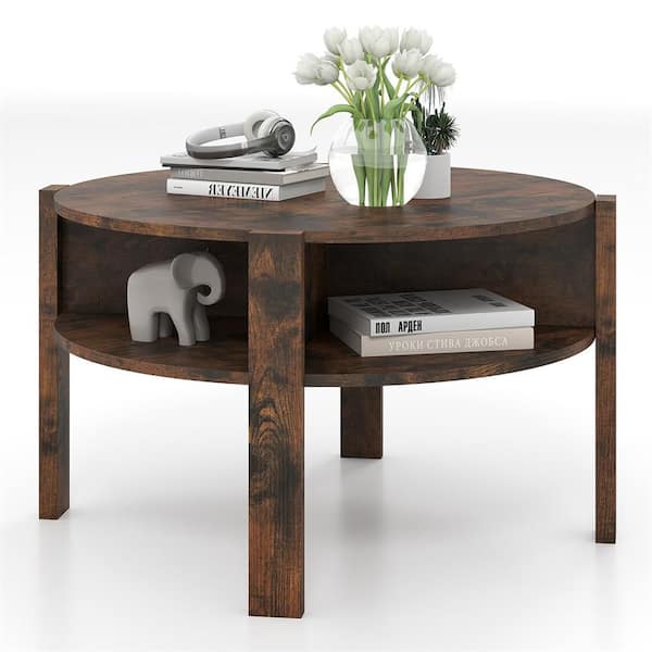 30 in. Rustic Brown Round Wood End Table Coffee Table with 4-Side Compartments 2-Tier Circle Coffee Table