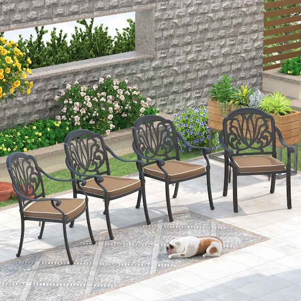 Black Stackable Cast Aluminum Patio Outdoor Dining Chairs with Random Color Seat Cushions (Set of 4)