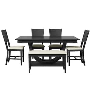 Gray Modern Style 6-Piece Wood Half Round Legs Table Upholstered Chairs and Bench Outdoor Dining Set with Beige Cushion
