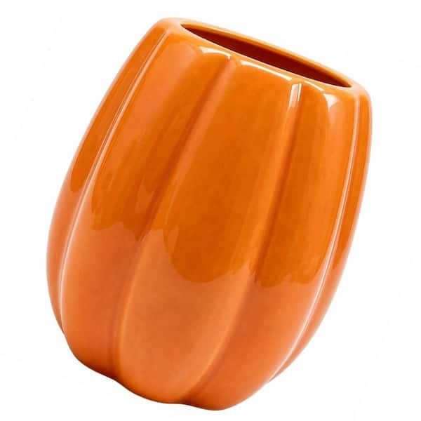 Rustic Farmhouse Orange Glazed Ceramic Utensil Crock with Pumpkin Shape, Seasonal Storage and Fall Decor