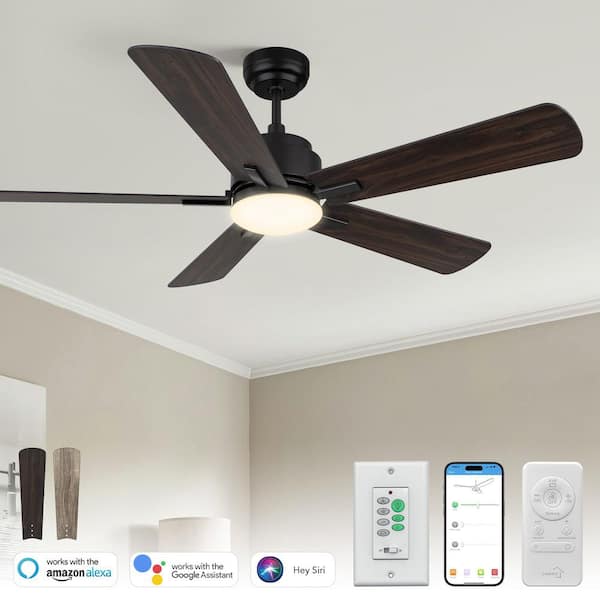 52 in. Smart Indoor/Outdoor Black Downrod LED Standard Ceiling Fan with Remote Control, Wall Control, 10-Speed DC Motor