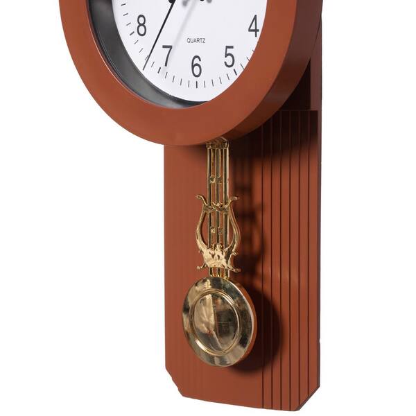 Traditional Brown Wood- Looking Pendulum Plastic Wall Clock for Living  Room, Kitchen, or Dining Room